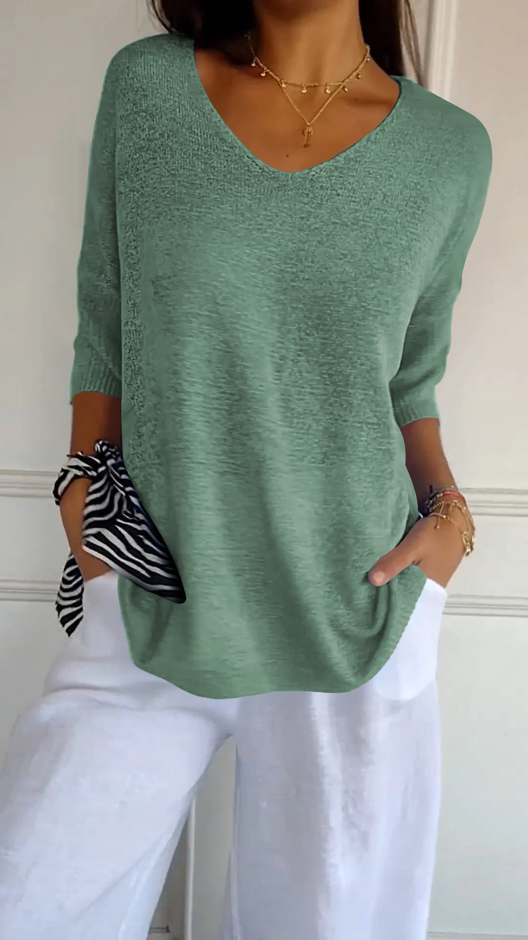 Pullover mit V-Ausschnitt – Lockere Passform – Halblange Ärmel – Strickware – Langarm – Damenbekleidung
