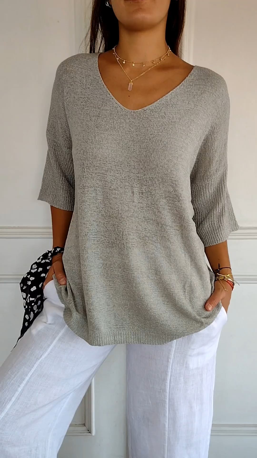 Pullover mit V-Ausschnitt – Lockere Passform – Halblange Ärmel – Strickware – Langarm – Damenbekleidung
