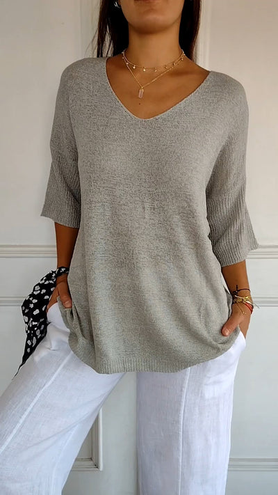 Pullover mit V-Ausschnitt – Lockere Passform – Halblange Ärmel – Strickware – Langarm – Damenbekleidung