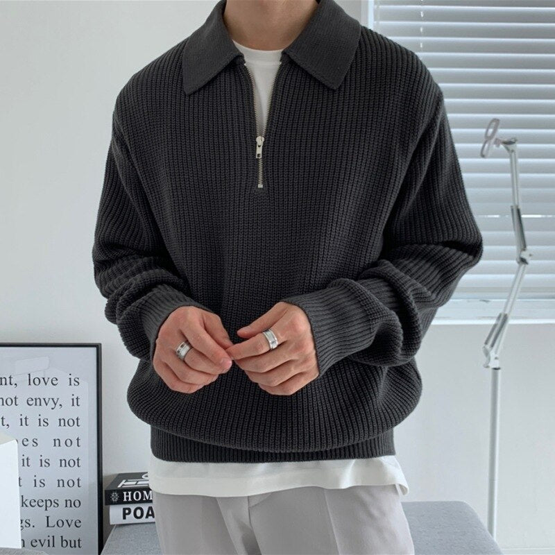 Pullover mit halbem Reißverschluss - Herren-Winterpolo mit lockerer Passform und V-Ausschnitt