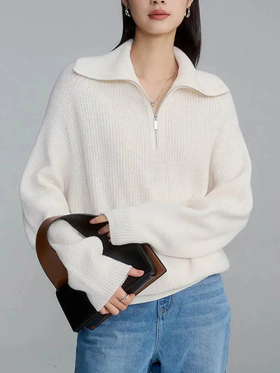 Pullover mit halbem Reißverschluss | Warm | Lockere Passform | Strickpullover | Winterkleidung für Damen