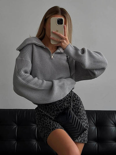 Pullover mit halbem Reißverschluss | Warm | Lockere Passform | Strickpullover | Winterkleidung für Damen