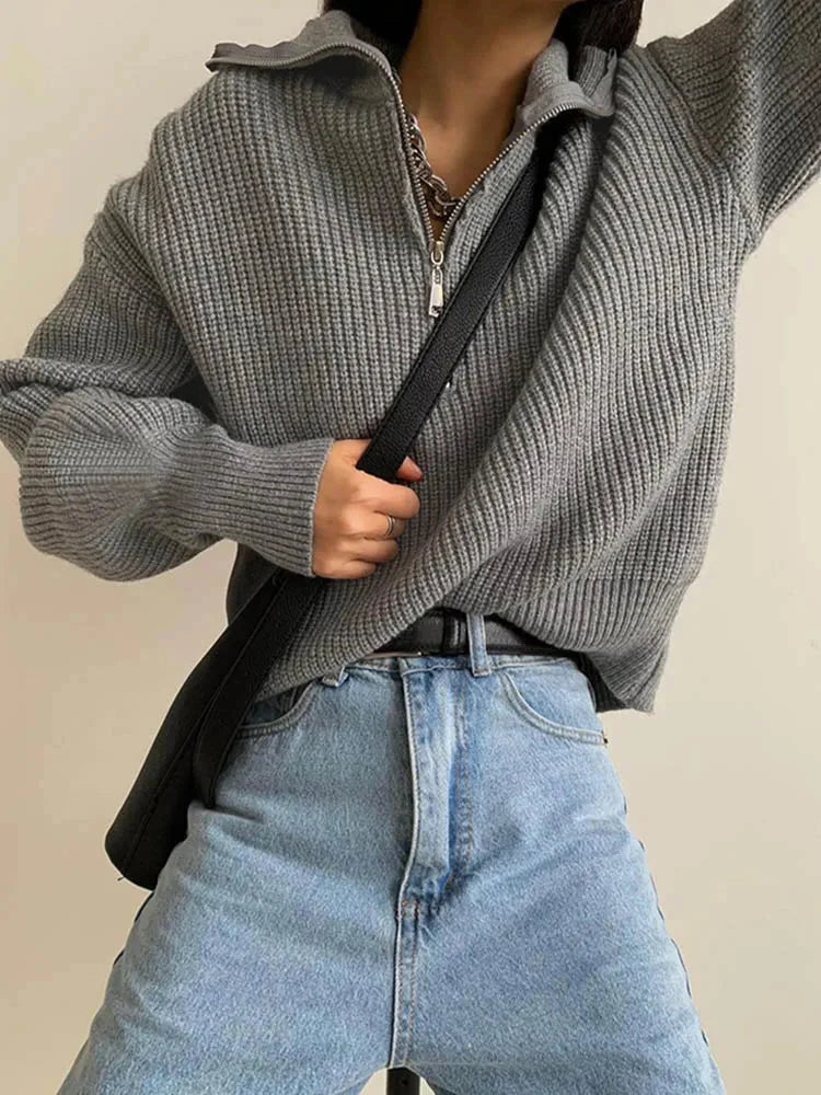 Pullover mit halbem Reißverschluss | Warm | Lockere Passform | Strickpullover | Winterkleidung für Damen