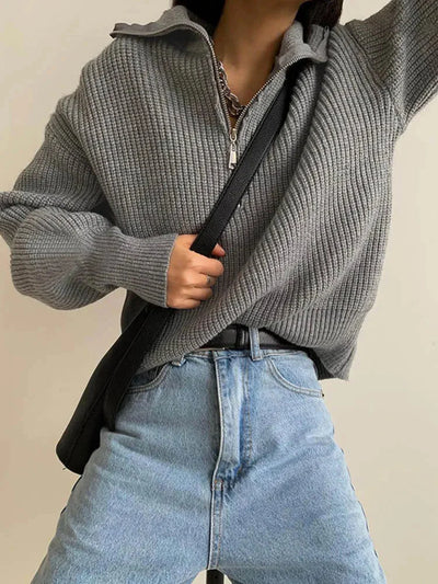 Pullover mit halbem Reißverschluss | Warm | Lockere Passform | Strickpullover | Winterkleidung für Damen