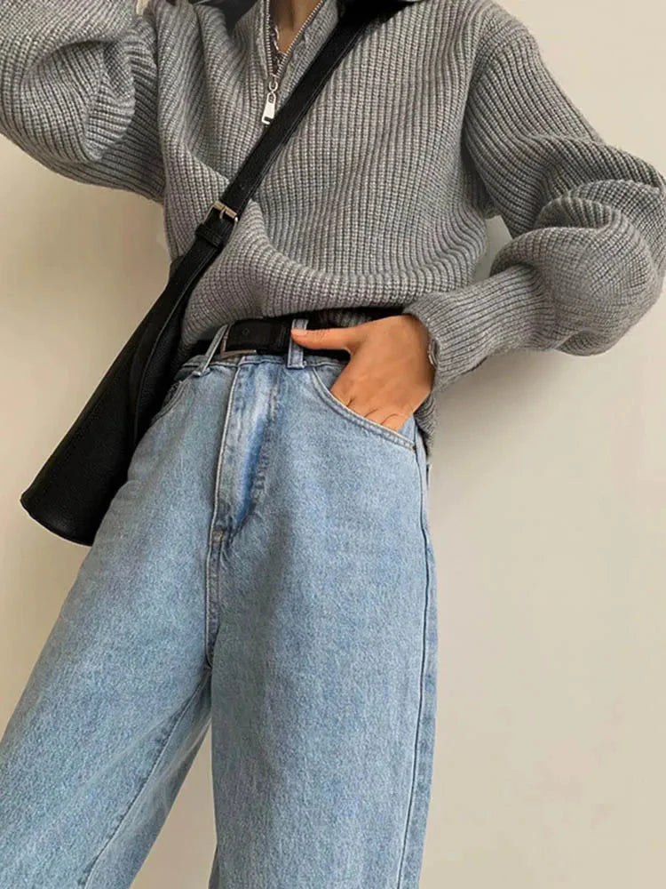 Pullover mit halbem Reißverschluss | Warm | Lockere Passform | Strickpullover | Winterkleidung für Damen