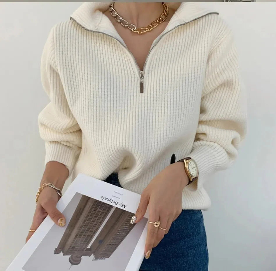 Pullover mit halbem Reißverschluss | Warm | Lockere Passform | Strickpullover | Winterkleidung für Damen
