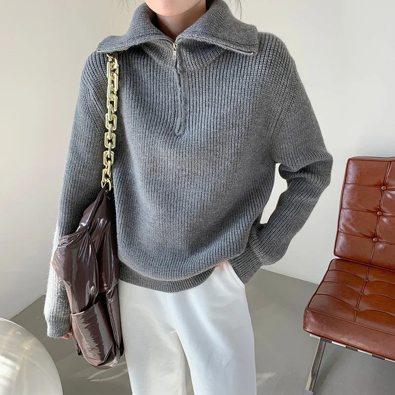 Pullover mit halbem Reißverschluss | Warm | Lockere Passform | Strickpullover | Winterkleidung für Damen