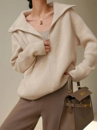 Pullover mit halbem Reißverschluss | Warm | Lockere Passform | Strickpullover | Winterkleidung für Damen