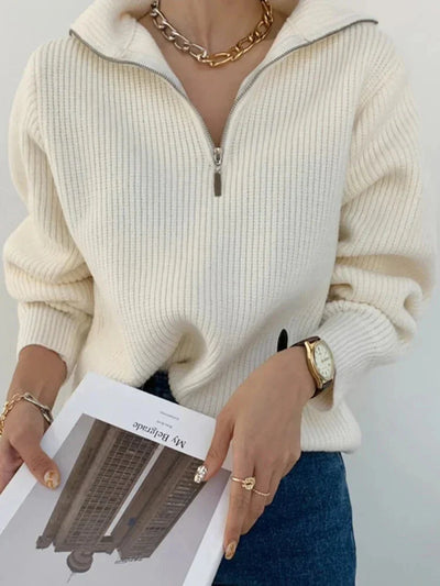 Pullover mit halbem Reißverschluss | Warm | Lockere Passform | Strickpullover | Winterkleidung für Damen