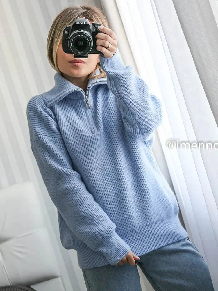 Pullover mit halbem Reißverschluss | Warm | Lockere Passform | Strickpullover | Winterkleidung für Damen