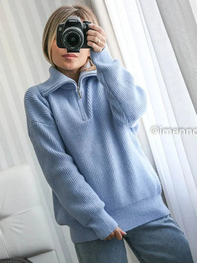 Pullover mit halbem Reißverschluss | Warm | Lockere Passform | Strickpullover | Winterkleidung für Damen