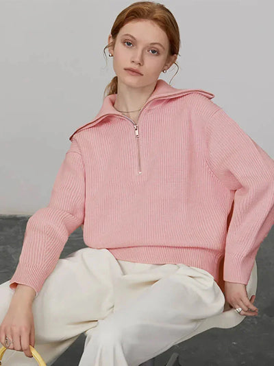 Pullover mit halbem Reißverschluss | Warm | Lockere Passform | Strickpullover | Winterkleidung für Damen