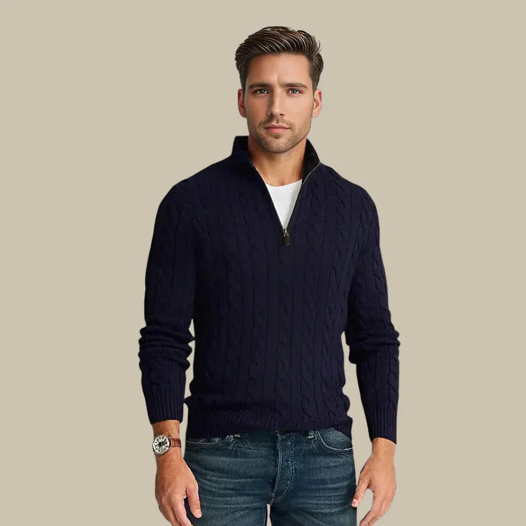 Pullover mit halbem Reißverschluss – Zopfmuster – Normale Passform – Gestrickt