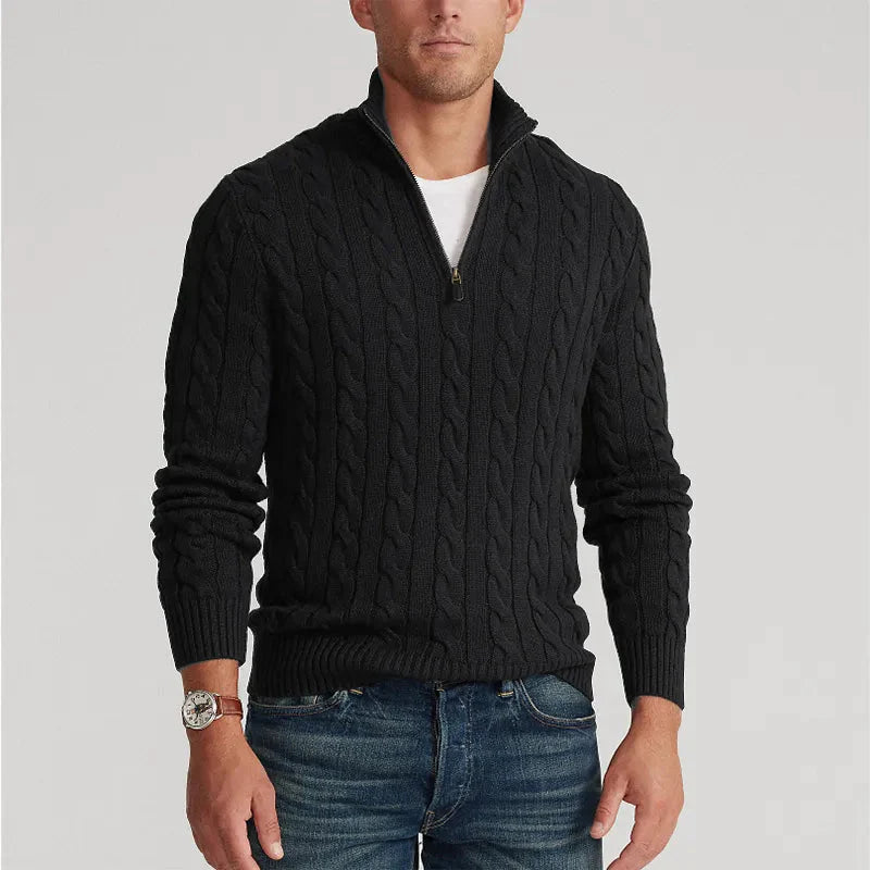 Pullover mit halbem Reißverschluss – Zopfmuster – Normale Passform – Gestrickt