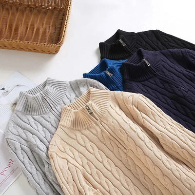 Pullover mit halbem Reißverschluss – Zopfmuster – Normale Passform – Gestrickt