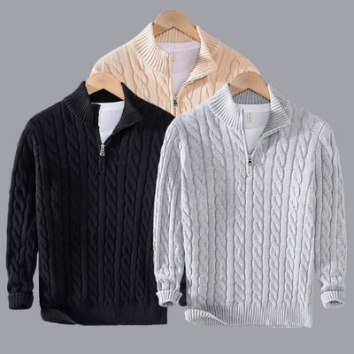 Pullover mit halbem Reißverschluss – Zopfmuster – Normale Passform – Gestrickt