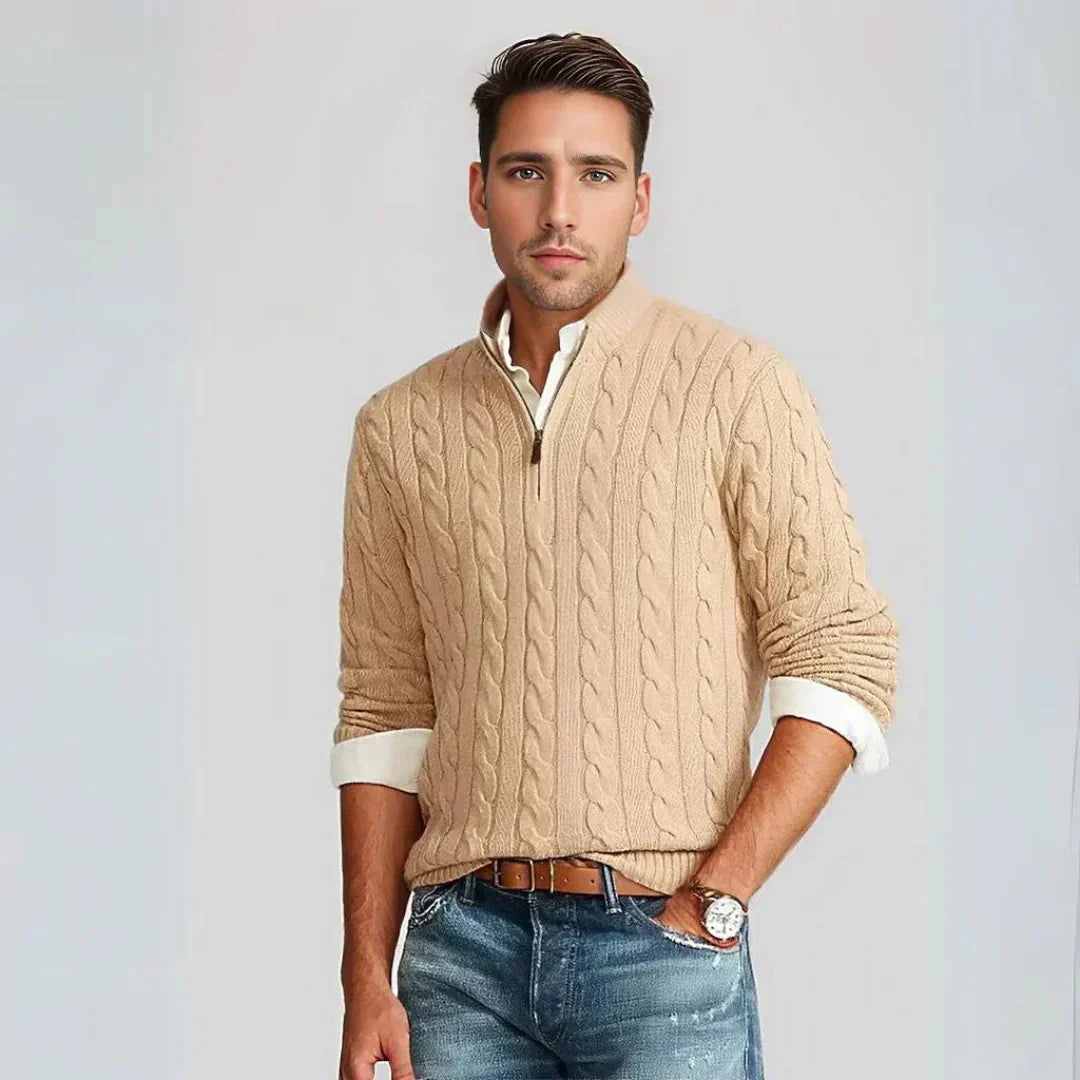 Pullover mit halbem Reißverschluss – Zopfmuster – Normale Passform – Gestrickt