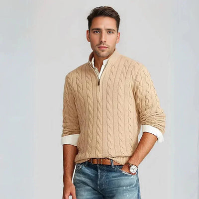 Pullover mit halbem Reißverschluss – Zopfmuster – Normale Passform – Gestrickt