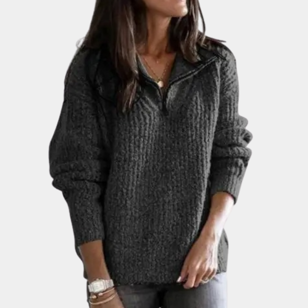 Pullover mit halbem Reißverschluss – warmer, locker sitzender Winterstrickpullover für Damen