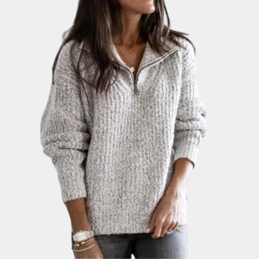 Pullover mit halbem Reißverschluss – warmer, locker sitzender Winterstrickpullover für Damen