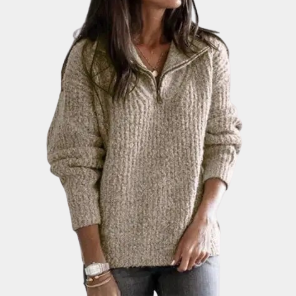 Pullover mit halbem Reißverschluss – warmer, locker sitzender Winterstrickpullover für Damen