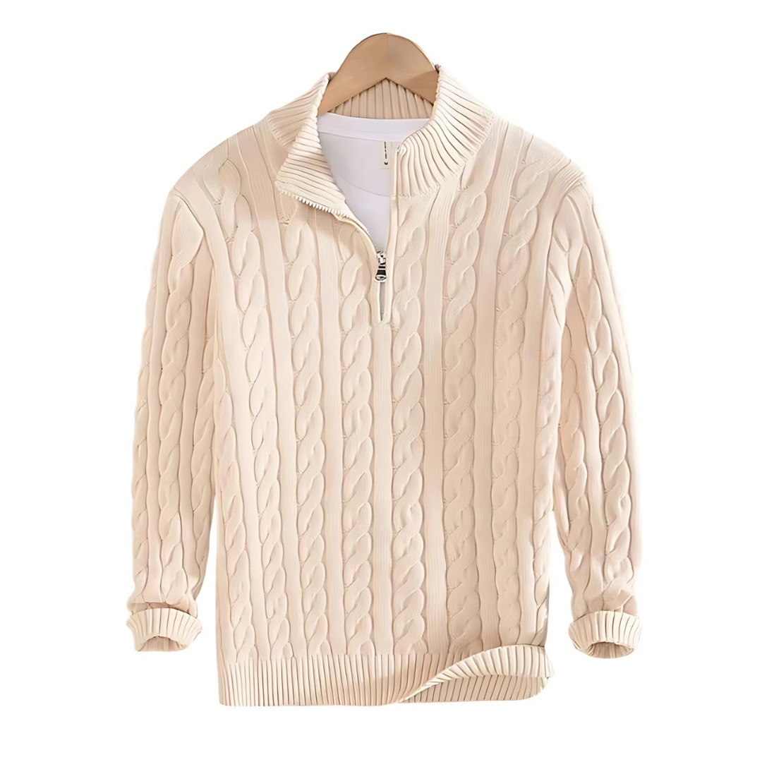 Pullover mit viertelhohem Reißverschluss – Herren-Langarm-Strickpullover mit Zopfmuster