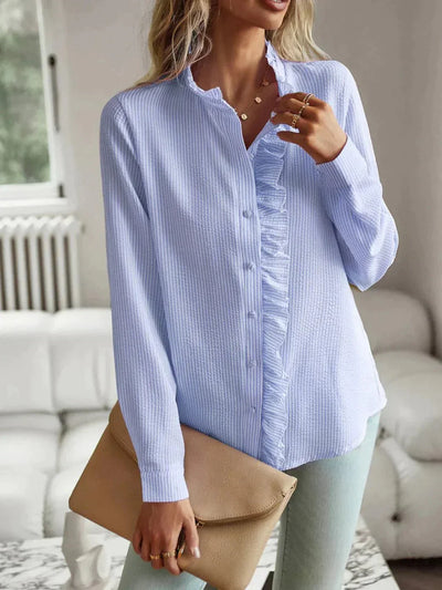 Rüschenbluse – Langarm – Gestreift – Bluse mit Knöpfen – Damenblusen mit Knöpfen