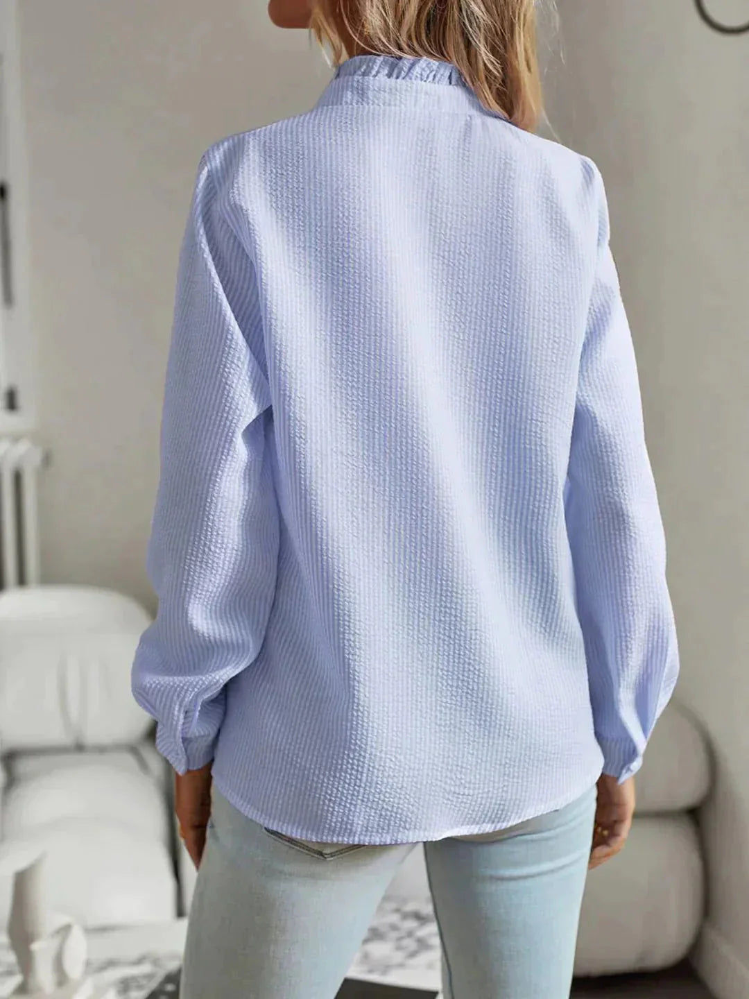 Rüschenbluse – Langarm – Gestreift – Bluse mit Knöpfen – Damenblusen mit Knöpfen