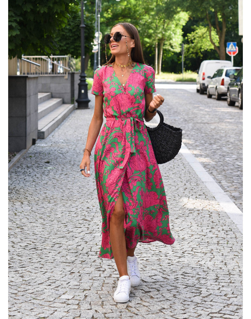 Yasmine V-Ausschnitt Kleid | Stilvolles Floral- und Punktemuster für Jedes Wetter