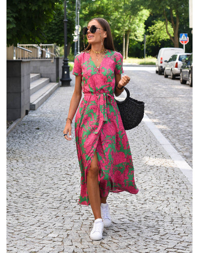 Yasmine V-Ausschnitt Kleid | Stilvolles Floral- und Punktemuster für Jedes Wetter