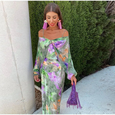 Anisten - buntes, sexy Maxikleid mit Halo-Dye-Print und abnehmbarem Schal