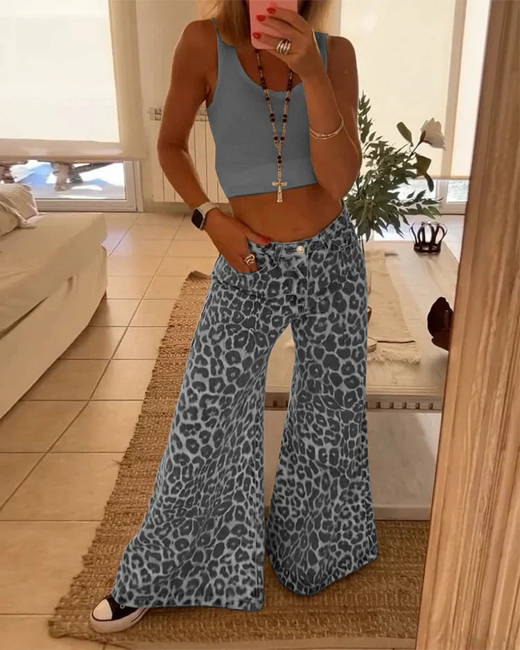 Schlagjeans - Leopardenmuster - Normale Taille - Hose mit weitem Bein - Damenjeans