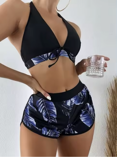 Elena - dreiteiliges Bikini-Set mit Blattdruck und hoher Taille