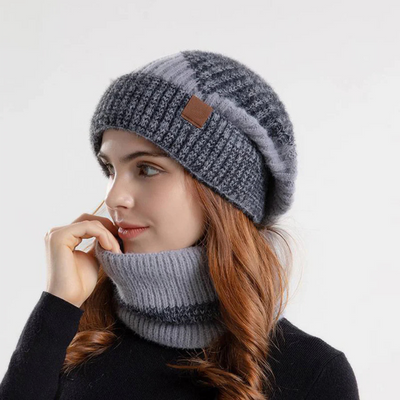 Set aus Mütze und Schal | Gestrickt | Warm | Halswärmer | Winterkopfbedeckung für Frauen