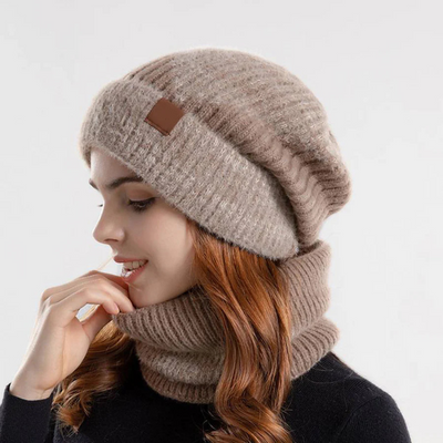 Set aus Mütze und Schal | Gestrickt | Warm | Halswärmer | Winterkopfbedeckung für Frauen