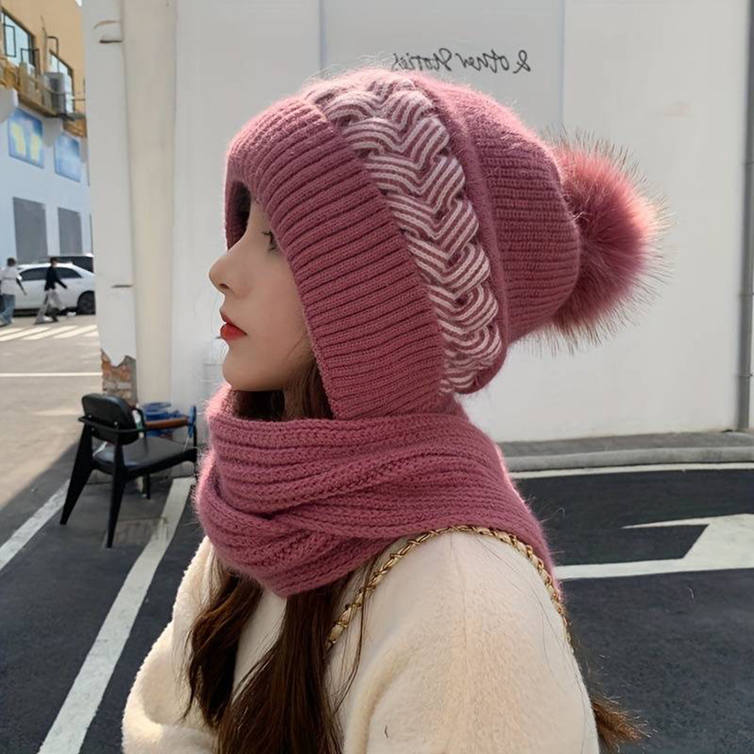 Set aus Mütze und Schal – Warme, gestrickte Mütze mit Bommel und Schal für Damen für den Winter