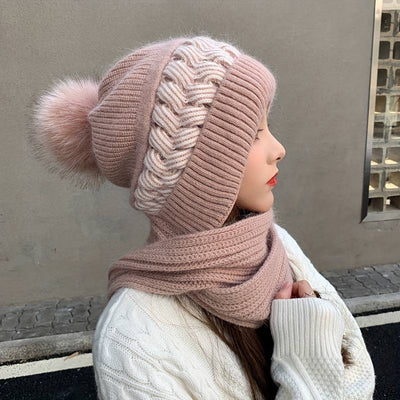 Set aus Mütze und Schal – Warme, gestrickte Mütze mit Bommel und Schal für Damen für den Winter