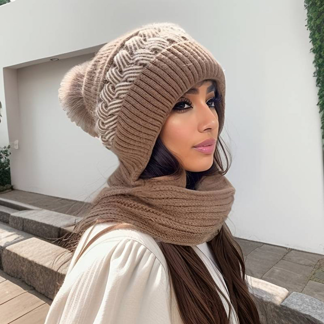 Set aus Mütze und Schal – Warme, gestrickte Mütze mit Bommel und Schal für Damen für den Winter