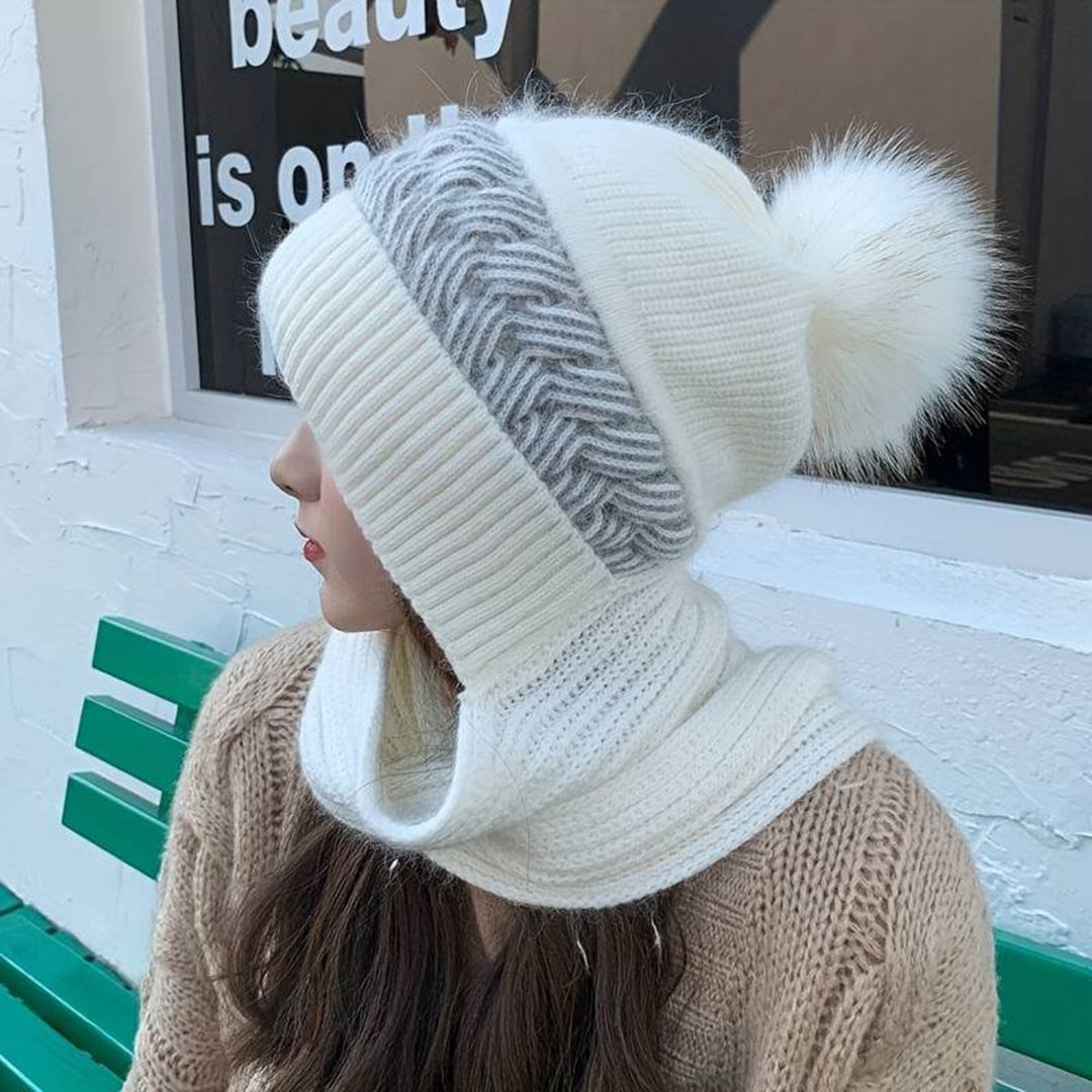 Set aus Mütze und Schal – Warme, gestrickte Mütze mit Bommel und Schal für Damen für den Winter