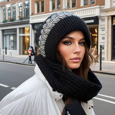 Set aus Mütze und Schal – Warme, gestrickte Mütze mit Bommel und Schal für Damen für den Winter