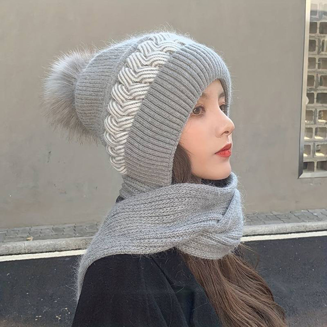 Set aus Mütze und Schal – Warme, gestrickte Mütze mit Bommel und Schal für Damen für den Winter