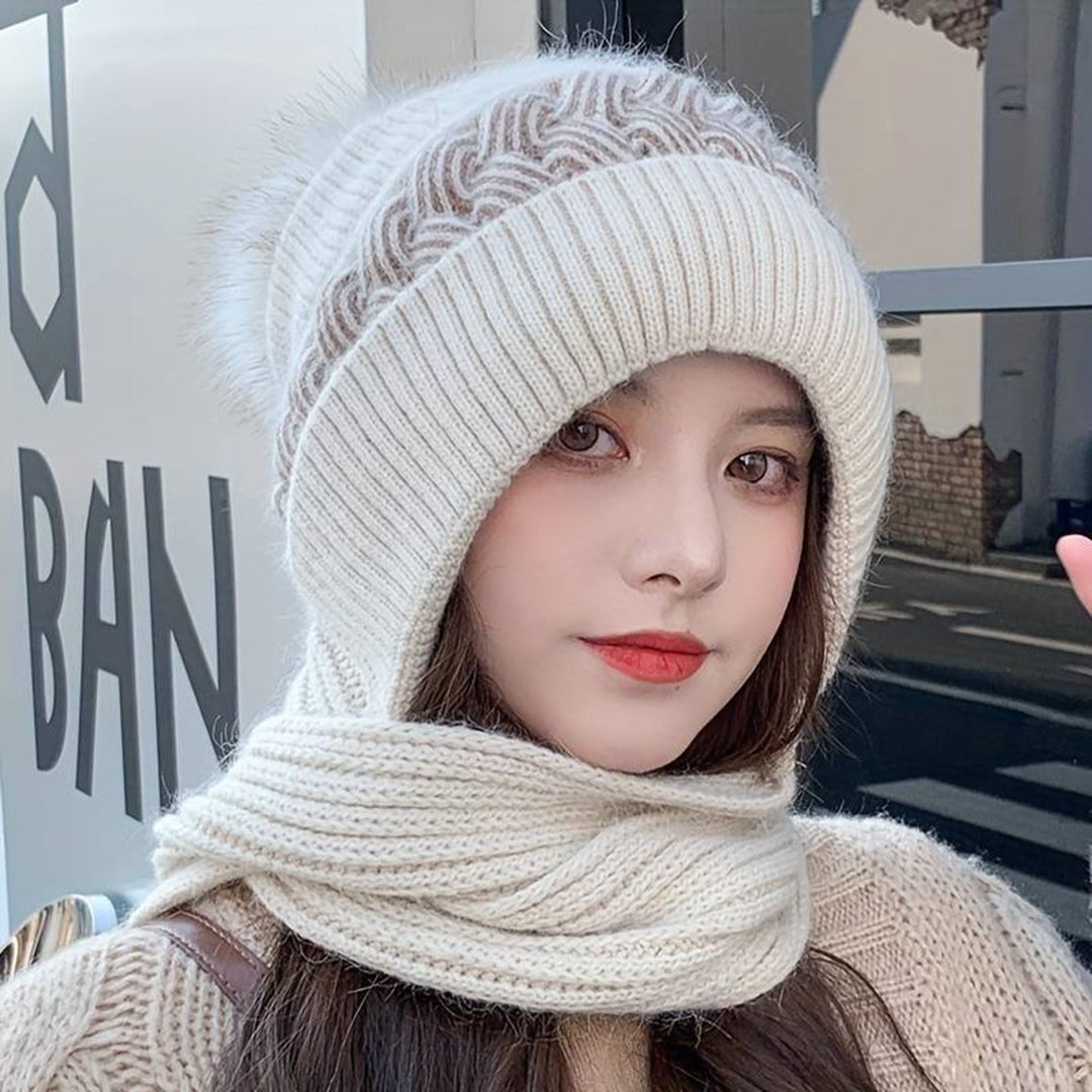 Set aus Mütze und Schal – Warme, gestrickte Mütze mit Bommel und Schal für Damen für den Winter