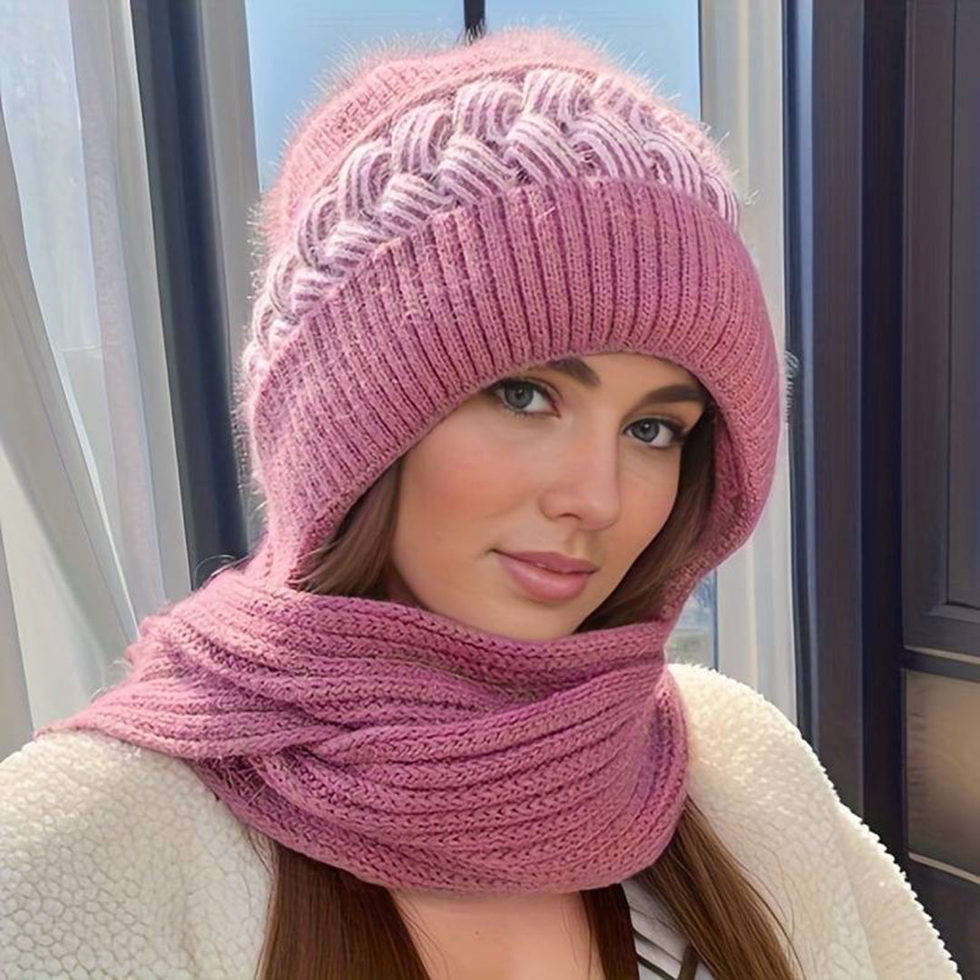 Set aus Mütze und Schal – Warme, gestrickte Mütze mit Bommel und Schal für Damen für den Winter