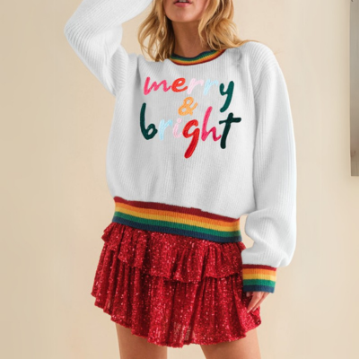 MERRY & BRIGHT Pullover mit geripptem Rundhalsausschnitt