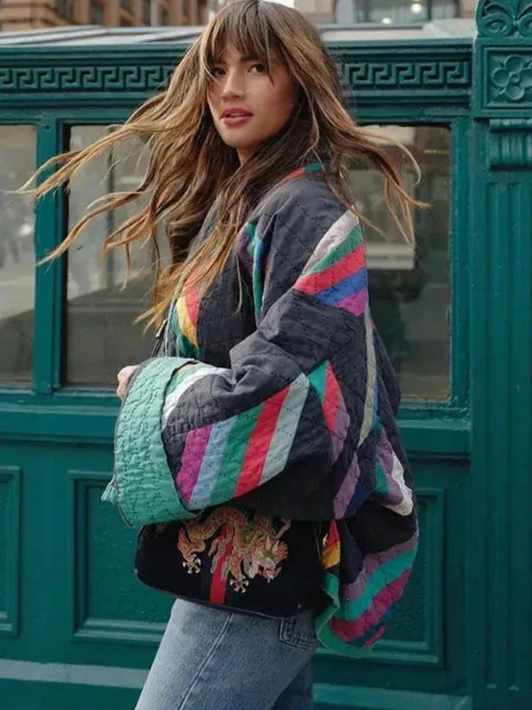 Steppjacke – farbenfrohe Oversize-Jacke für Damen mit offener Vorderseite für den Winter