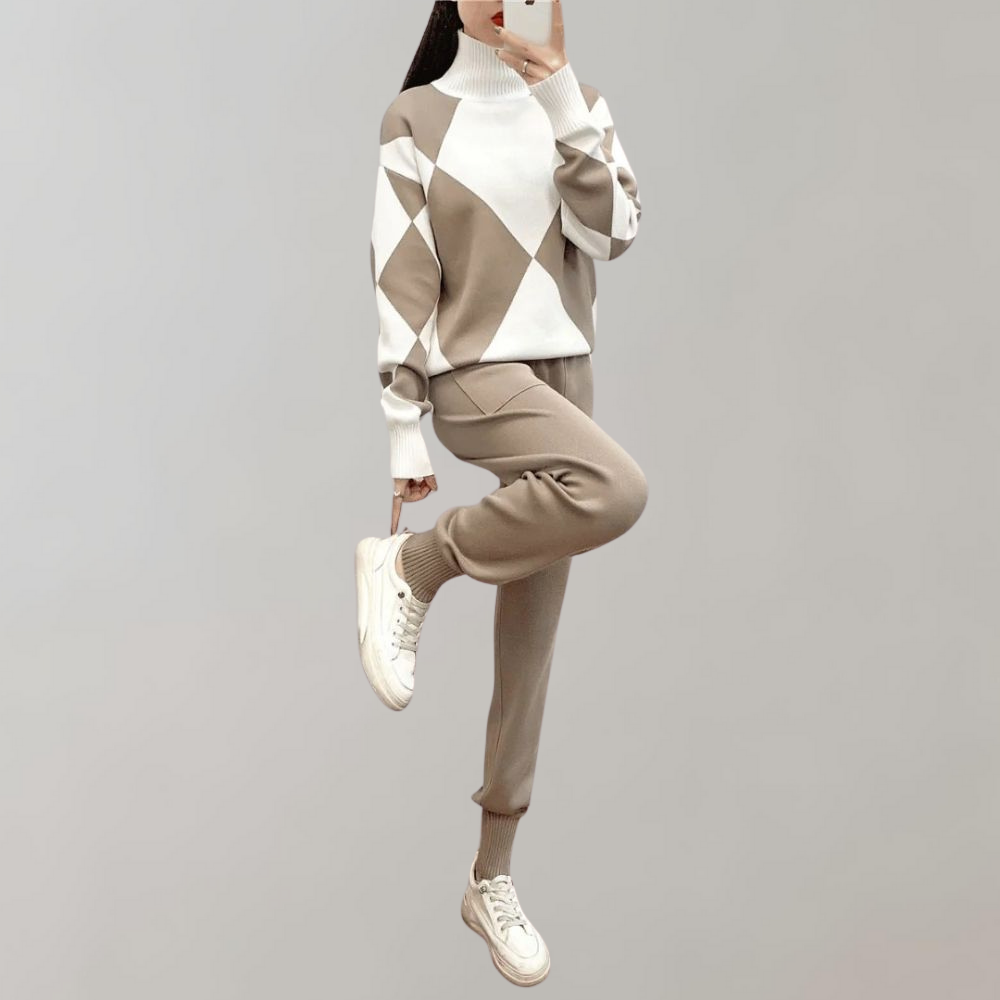 Strick-Lounge-Set | Zweiteilig | Rollkragenpullover | Jogger-Set | Co-Ord Sets Damen