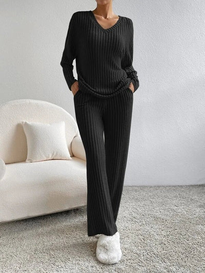 Strick-Loungewear-Set | Gerippt | Langarm | Zweiteiler | Loungewear für Damen