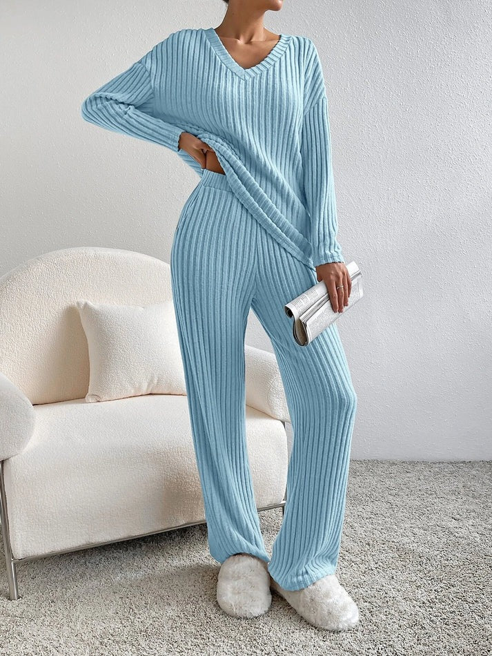 Strick-Loungewear-Set | Gerippt | Langarm | Zweiteiler | Loungewear für Damen