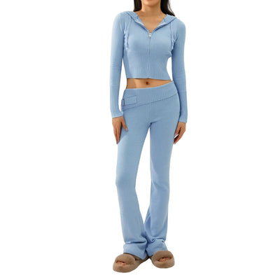 Strick-Loungewear-Set | mit Kapuze | mit Reißverschluss | Zweiteiler aus Strick | Loungewear für Damen