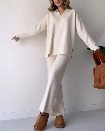 Strick-Set | Weite Hosenbeine | Oversize-Pullover | Loungewear-Set | Strick-Set für Damen